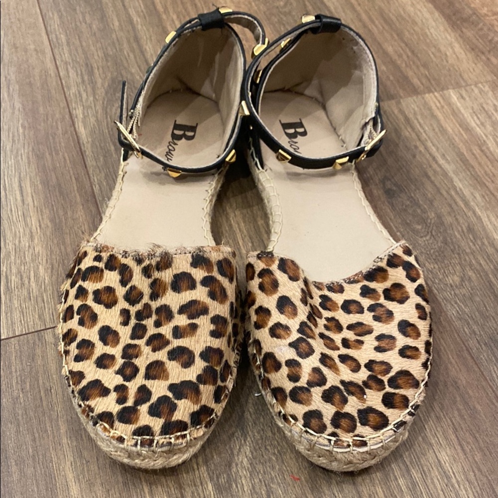 Browns Leopard Print Ankle Strap Espadrille Flats with Rock Studs